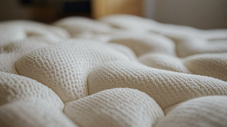 Close-up view of a textured mattress surface showcasing unique patterns and soft fabric that enhances comfort and relaxation in a cozy bedroom setting.の素材