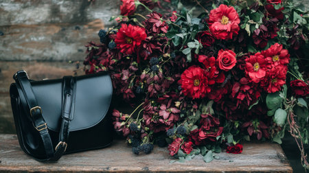A stylish black handbag is elegantly placed next to a lush bouquet filled with stunning red and burgundy flowers on a rustic wooden table.の素材