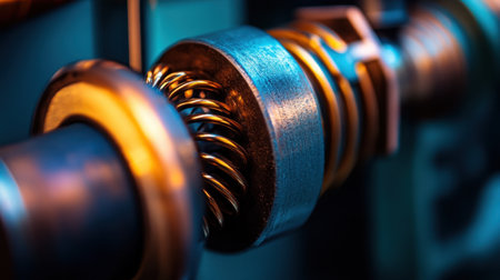 Intricate close-up view of a mechanical component featuring springs and metal parts, showcasing advanced technology and precision engineering within an industrial environment.の素材