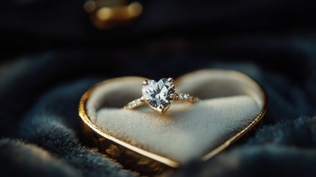 An exquisite heart-shaped diamond engagement ring set in a luxurious gold band, resting beautifully in a plush jewelry box, symbolizing love and commitment.の素材