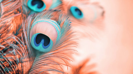 This close-up image captures the intricate beauty of colorful peacock feathers, revealing their stunning patterns and vibrant hues against a soft background.の素材