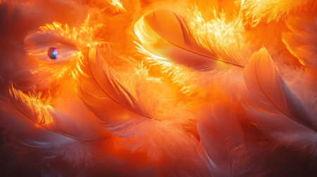 A stunning close-up of delicate feathers bathed in a warm orange glow. The abstract background creates a dreamlike atmosphere, enhancing their beauty and softness.の素材