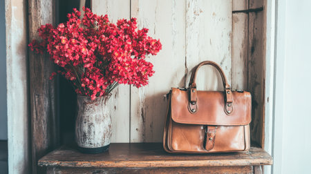 A stylish leather handbag rests elegantly next to a vintage vase filled with vibrant red flowers on a rustic wooden table, capturing a charming ambiance.の素材