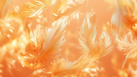 A captivating close-up of delicate orange feathers gently floating in a soft light, creating a warm and serene atmosphere ideal for design and decor purposes.の素材