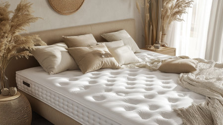 A serene bedroom featuring a plush mattress adorned with multiple decorative pillows. Soft neutral tones create a warm atmosphere for relaxation and comfort.の素材