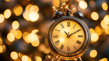This stunning image features an antique clock with Roman numerals, beautifully juxtaposed against a soft bokeh background of golden Christmas lights, evoking warmth and nostalgia.の素材