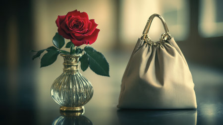 A sophisticated still life featuring a striking red rose in a delicate glass vase alongside a stylish beige handbag, perfect for fashion and beauty themes.の素材
