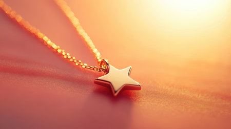A beautiful close-up of an elegant gold star pendant necklace shining in soft sunlight. The warm background and delicate chain create a dreamy and stylish feel, perfect for fashion enthusiasts and jewelry lovers.の素材