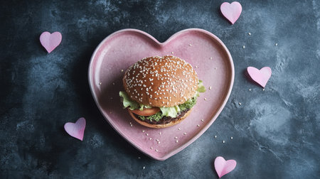 A delicious hamburger on a heart-shaped plate, surrounded by pink paper hearts on a dark textured background, perfect for romantic occasions or food lovers.の素材