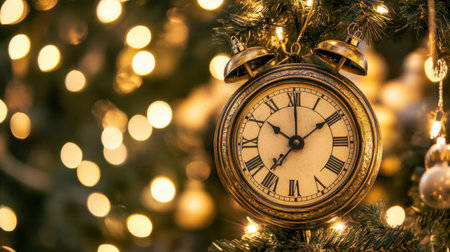 A vintage clock ornament hangs beautifully from a Christmas tree, surrounded by warm lights and soft bokeh, capturing the essence of holiday joy and nostalgia.の素材