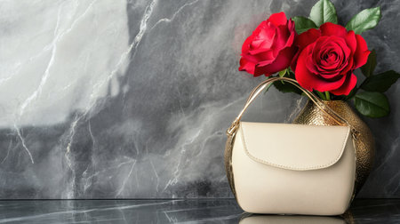 A stylish handbag rests beside a stunning arrangement of vibrant red roses on a sleek marble surface, embodying luxury and elegance in fashion and decor.の素材