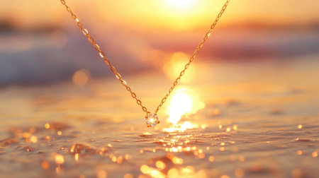 This stunning image features a golden necklace with a sparkling pendant, illuminated by the warm glow of a sunset over the ocean waves, creating a serene beach scene.の素材