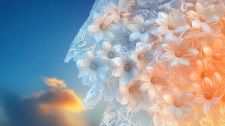 A stunning close-up of delicate white flowers arranged on intricate lace, set against a captivating sunset sky, creating a peaceful and dreamy scene.の素材