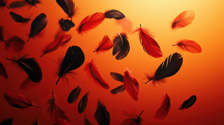 A stunning collection of red and black feathers gracefully floating against a warm orange background creates a captivating visual experience.の素材