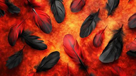 This vibrant and artistic image showcases a blend of black and red feathers scattered over a warm orange background, creating a stunning visual impact ideal for any creative project.の素材
