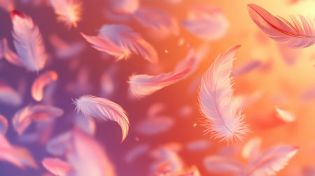 A mesmerizing image of colorful feathers gracefully floating through a soft gradient background. The warm tones of orange and purple create a dreamy atmosphere perfect for various creative projects.の素材