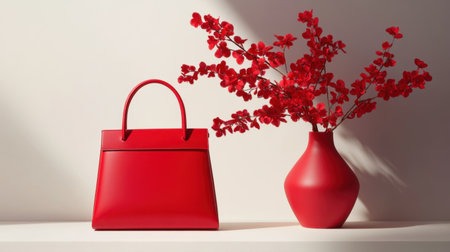 A stunning display of a vibrant red handbag next to a bright red floral arrangement, capturing modern elegance and minimalistic design for fashionable decor.の素材