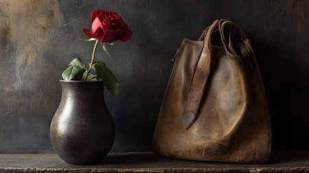 This captivating still life features a single red rose in a textured vase alongside a weathered leather bag, set against a rustic wooden background, embodying elegance and simplicity.の素材