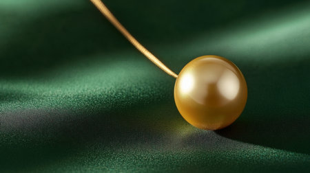 A stunning golden pearl gracefully rests on lush green fabric, casting soft shadows and revealing exquisite textures that evoke luxury and elegance.の素材