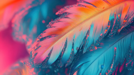 A mesmerizing close-up of vibrant feathers showcases a blend of bright pink and blue shades, creating an abstract and artistic visual experience.の素材