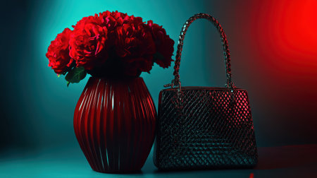 A captivating still life featuring deep red flowers in a chic vase beside a fashionable handbag, set against a vibrant, colorful background, radiating elegance.の素材