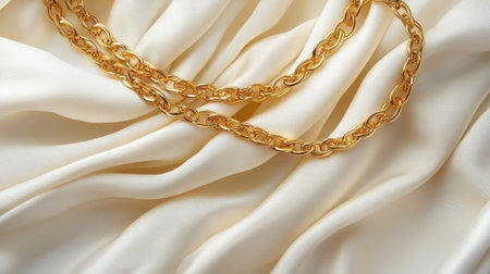 This elegant image features a golden chain gracefully laid atop soft silk fabric, showcasing intricate details, textures, and luxurious appeal.の素材