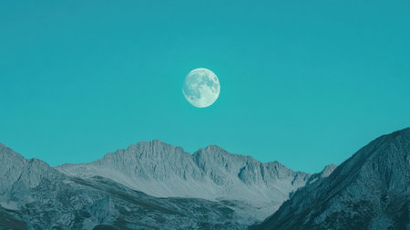 A breathtaking mountain landscape under a luminous full moon creates a serene atmosphere. The tranquil blue hues of the night sky enhance the beauty of this peaceful view.の素材