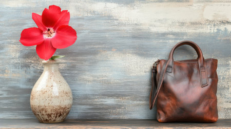 A stunning still life composition showcasing a rich leather bag beside a decorative vase filled with vibrant red flowers, set against a rustic wooden background.の素材