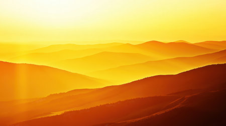 A breathtaking view of a golden sunset over rolling mountains, evoking feelings of peace and tranquility. This stunning landscape captured in warm hues showcases nature's beauty.の素材