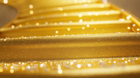 Captivating close-up image showcasing a smooth gold texture adorned with fine glitter and a soft bokeh background, perfect for luxurious designs.の素材