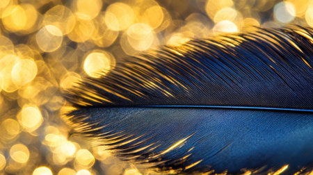 This close-up image features a vibrant blue feather against a beautifully blurred golden bokeh background, showcasing intricate details and textures.の素材