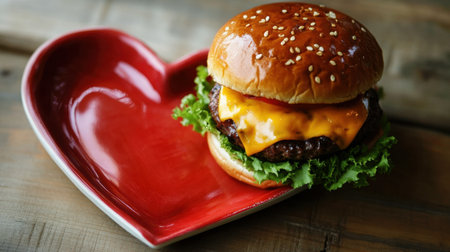 A mouthwatering cheeseburger features a succulent patty topped with melted cheese, crisp lettuce, and fresh tomato, served on a heart-shaped plate.の素材