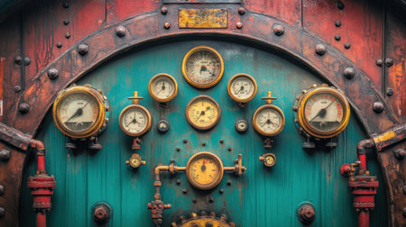 A captivating display of vintage industrial pressure gauges mounted on a weathered green door, showcasing intricate details, rust, and mechanical charm.の素材