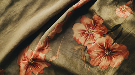 This image features a close-up of exquisite floral fabric displaying delicate pink flowers against a soft green background, perfect for design inspiration.の素材
