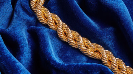 A stunning golden rope elegantly drapes over soft blue velvet, creating a luxurious and sophisticated visual with rich textures and contrasts.の素材