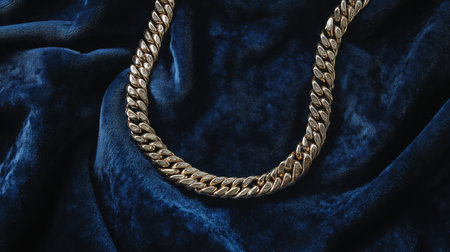 This image features a stunning gold chain necklace elegantly displayed on a rich deep blue velvet backdrop, perfect for fashion and jewelry themes.の素材