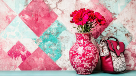A captivating still life featuring a vibrant pink vase filled with red flowers, set against a colorful geometric background, perfect for interior design inspiration.の素材