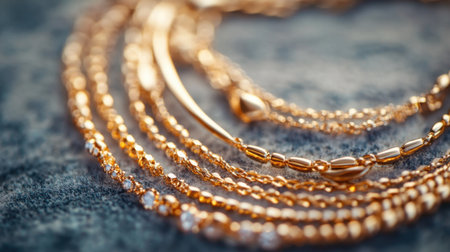 This stunning close-up captures an array of elegant gold chains and necklaces, showcasing their intricate details and sparkling elements against a soft backdrop.の素材