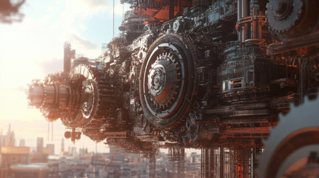 Captivating image of an intricate mechanical structure showcasing gears and components with a city skyline backdrop bathed in soft sunlight, symbolizing innovation.の素材