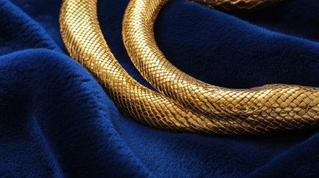 This captivating image features a golden snake-like texture elegantly draped over a plush deep blue fabric, highlighting luxury and sophistication.の素材
