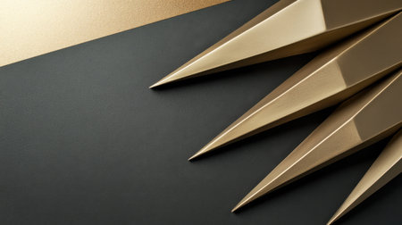 This striking image showcases sharp geometric shapes in luxurious gold against a dark backdrop, perfect for modern decor or branding applications.の素材
