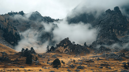 Breathtaking mountain landscape showcasing dramatic clouds and mist enveloping rugged terrain. A serene wilderness scene perfect for adventure lovers and nature enthusiasts.の素材