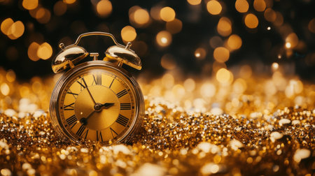 A vintage alarm clock is elegantly placed on a shiny golden surface filled with glitter. The captivating bokeh background creates a warm and festive atmosphere, perfect for celebrations.の素材