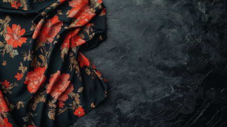 This image showcases a luxurious black fabric adorned with a stunning red floral pattern, perfect for fashion designs and home decoration projects.の素材