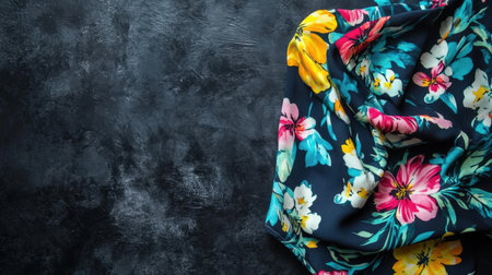 This image showcases a vibrant floral fabric laid on a dark background, perfect for fashion design, home decor projects, or artistic inspiration.の素材