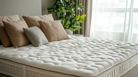 This image showcases a cozy bedroom featuring a plush mattress with decorative pillows, illuminated by natural light from a large window, creating a serene atmosphere.の素材