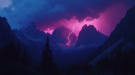 A stunning display of nature's power as a lightning bolt strikes the majestic mountain range, casting a dramatic glow under dark storm clouds during dusk.の素材