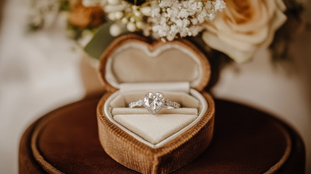 A stunning heart-shaped diamond ring rests in a luxurious velvet box, beautifully complemented by a bouquet of delicate flowers, perfect for romantic moments.の素材