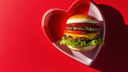 A mouthwatering cheeseburger featuring fresh lettuce, tomato, and cheese, presented on a playful heart-shaped plate against a bold red backdrop.の素材