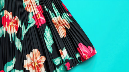 This striking image features a colorful pleated skirt adorned with floral patterns, set against a bright teal background, perfect for fashion inspiration.の素材